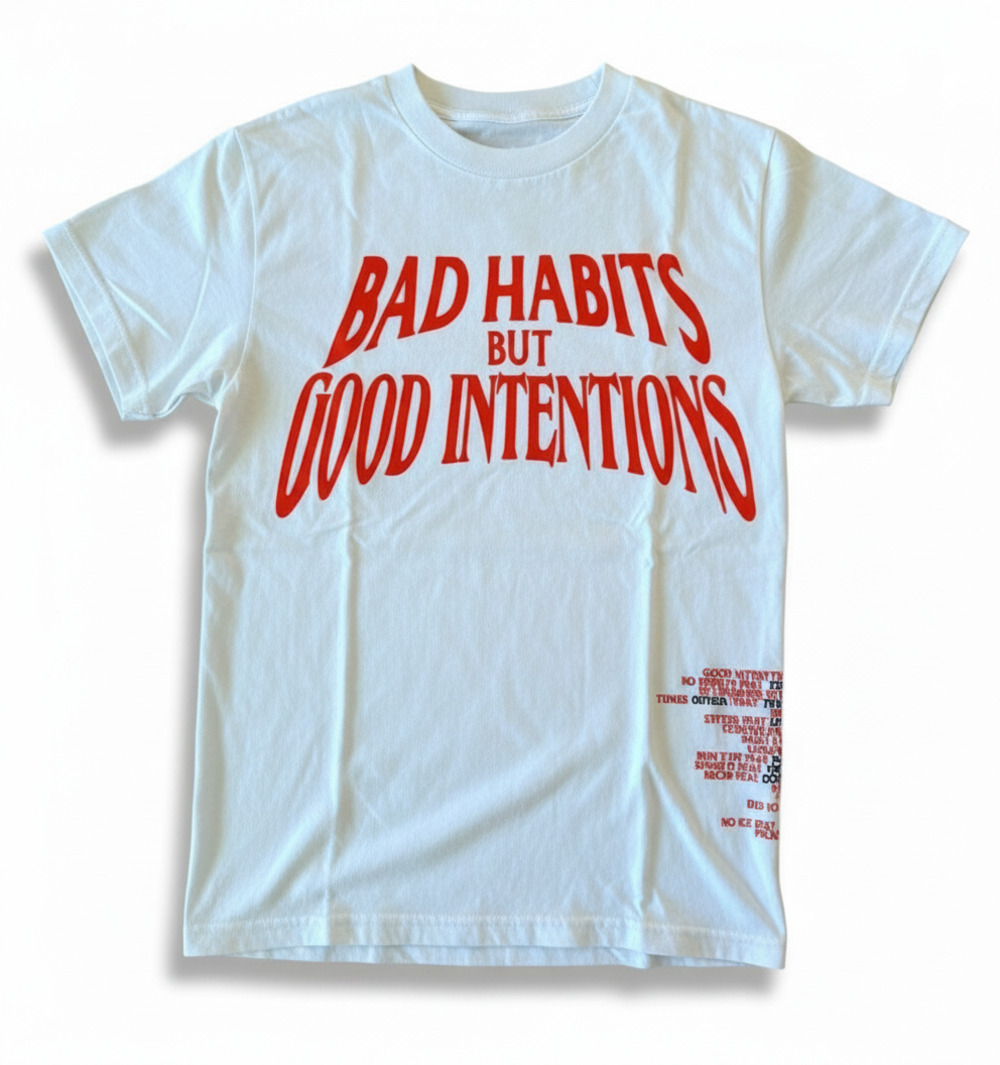 Vlone x NAV Bad Habits Good Intentions T-Shirt White Red Size Small Authentic